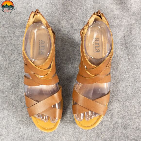 A.N.A Taci Strappy Sandals Brown Leather Wedge Heel Back Zip Women's Size 6 M - Picture 5 of 11